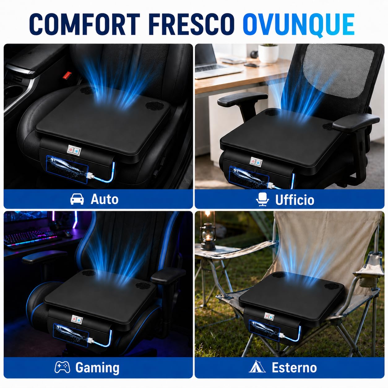 Cuscino raffreddato ad acqua con ventola | 3 livelli di velocità, raffreddamento fino a 27 °C, USB/12 V/24 V, per auto e ufficio