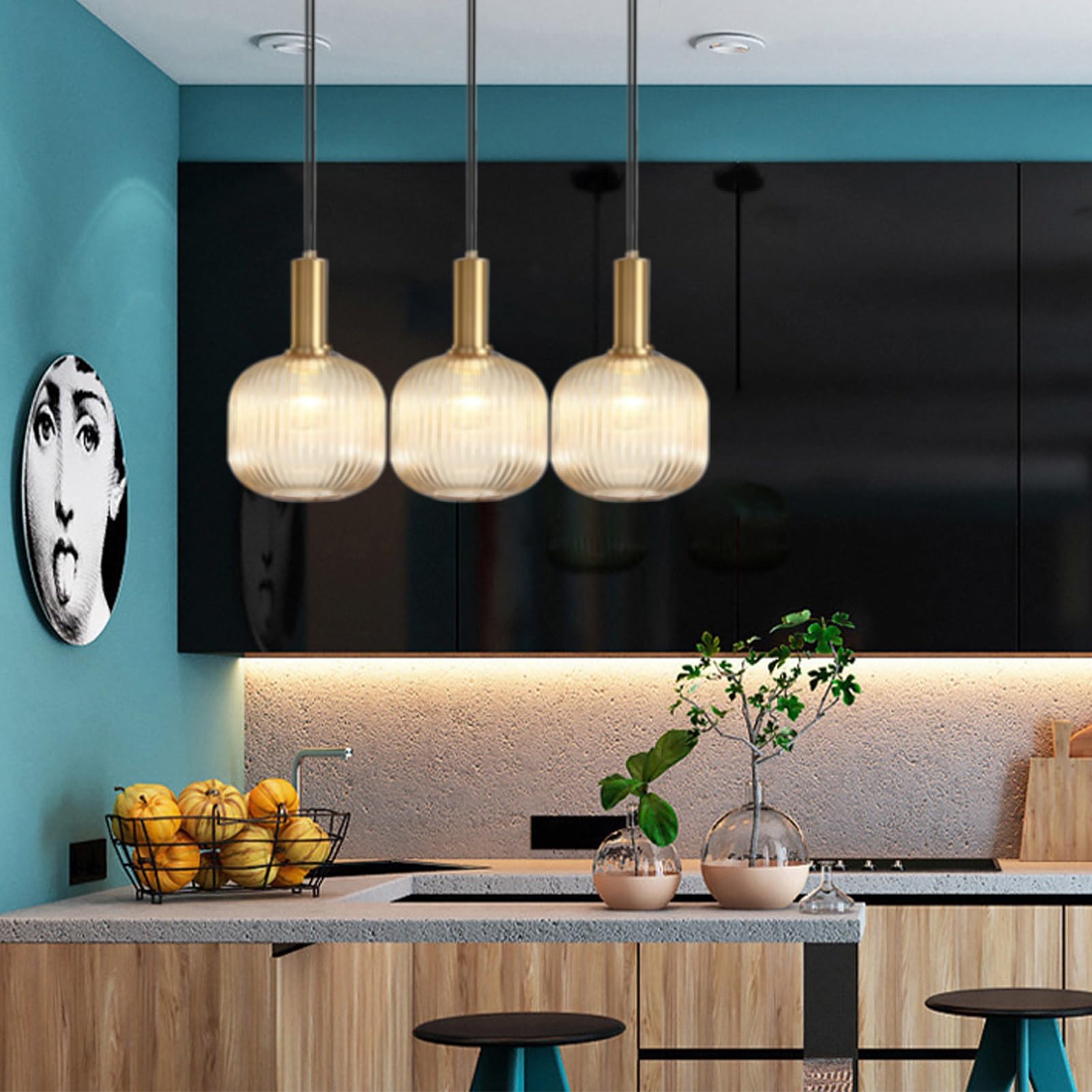 Moderne stil Ohne Stromanschluss Hängelampen mit batterie,Batteriebetriebene Glas Pendelleuchte mit Fernbedienung,Kabellos Hängelampe RGB Farben dimmbar,wiederaufladbare Beleuchtungsvorrichtung.(Amber