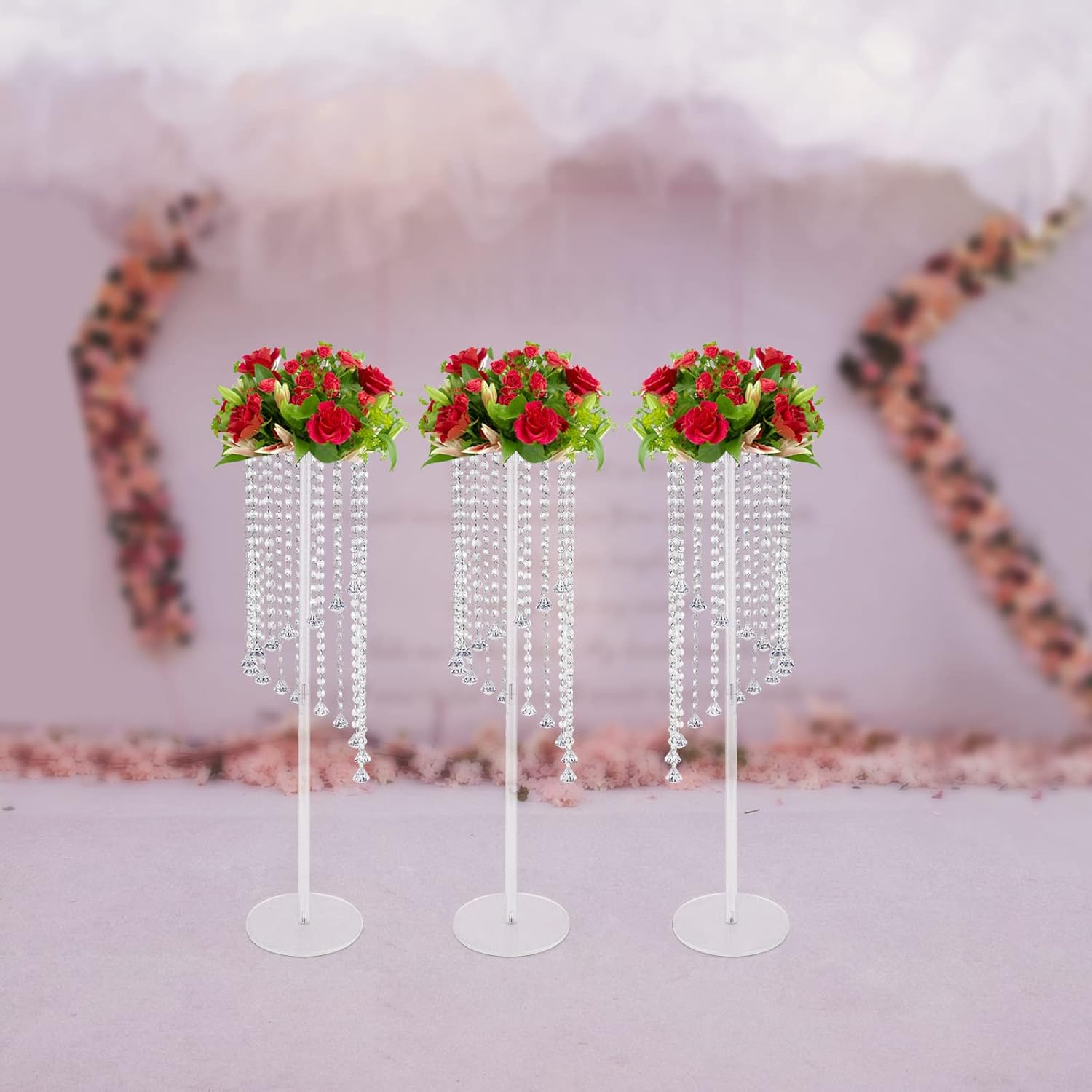 10pcs Clear Acrylic Tall Vases for Centerpieces, 31.5in Acrylic Column Flower Stand with Chandelier Crystals, Inweder Vase Stand, Geometric Wedding Centerpieces Bulk for Table, Party, Decor