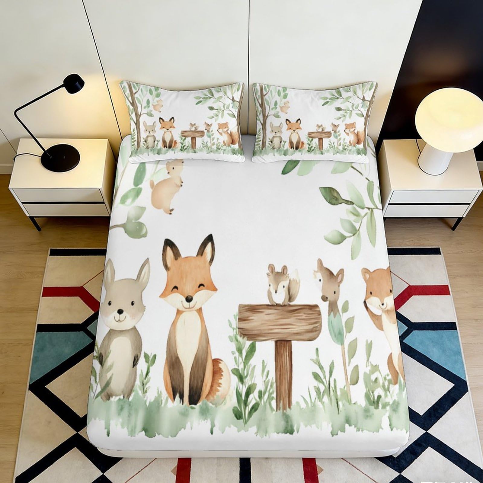 3D Printed Forest Animals Fitted Sheet Microfiber Soft Woodland Fox Mattress Cover for Bedroom Dorm Mattress Protection Decor 200x200x25cm