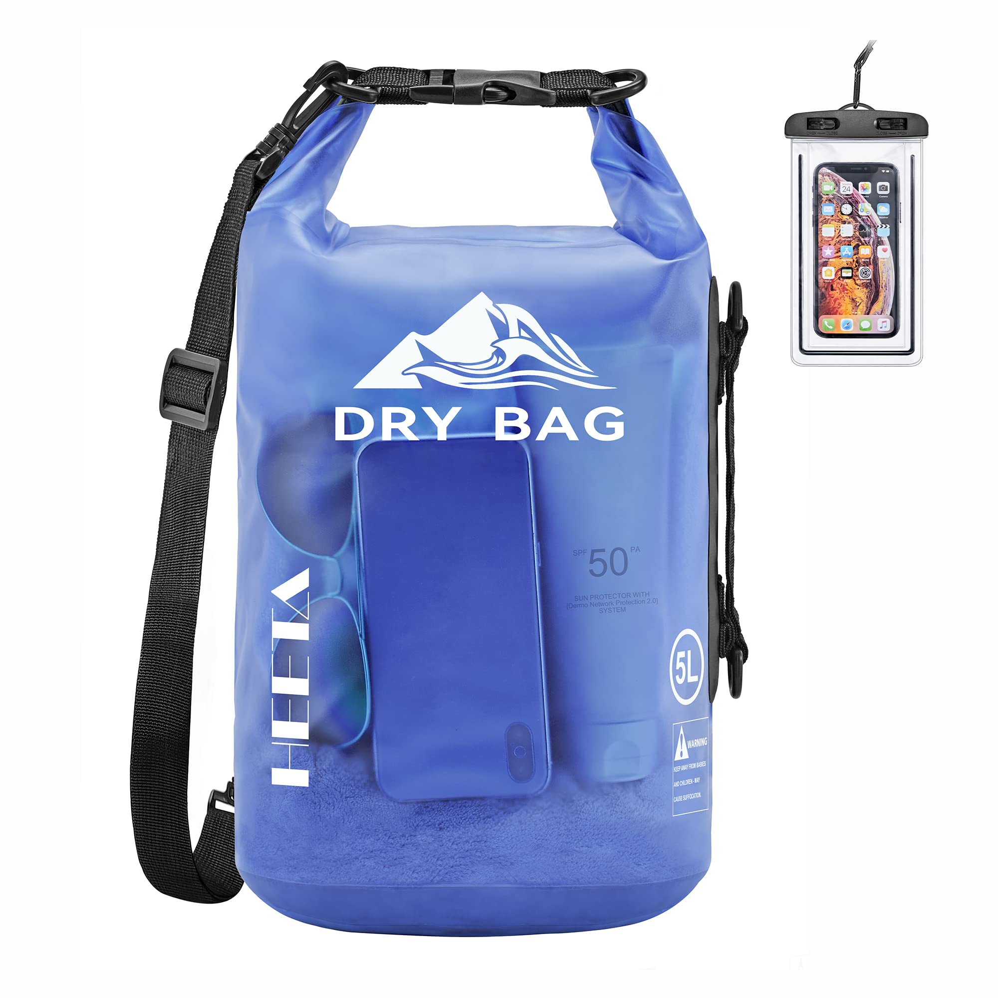 HEETA Dry Bag Waterproof Backpack with Phone Case 5L/10L/20L/30L/40L | Roll Top Lightweight Dry Storage Bag for Women Men, Travel Boating Kayaking