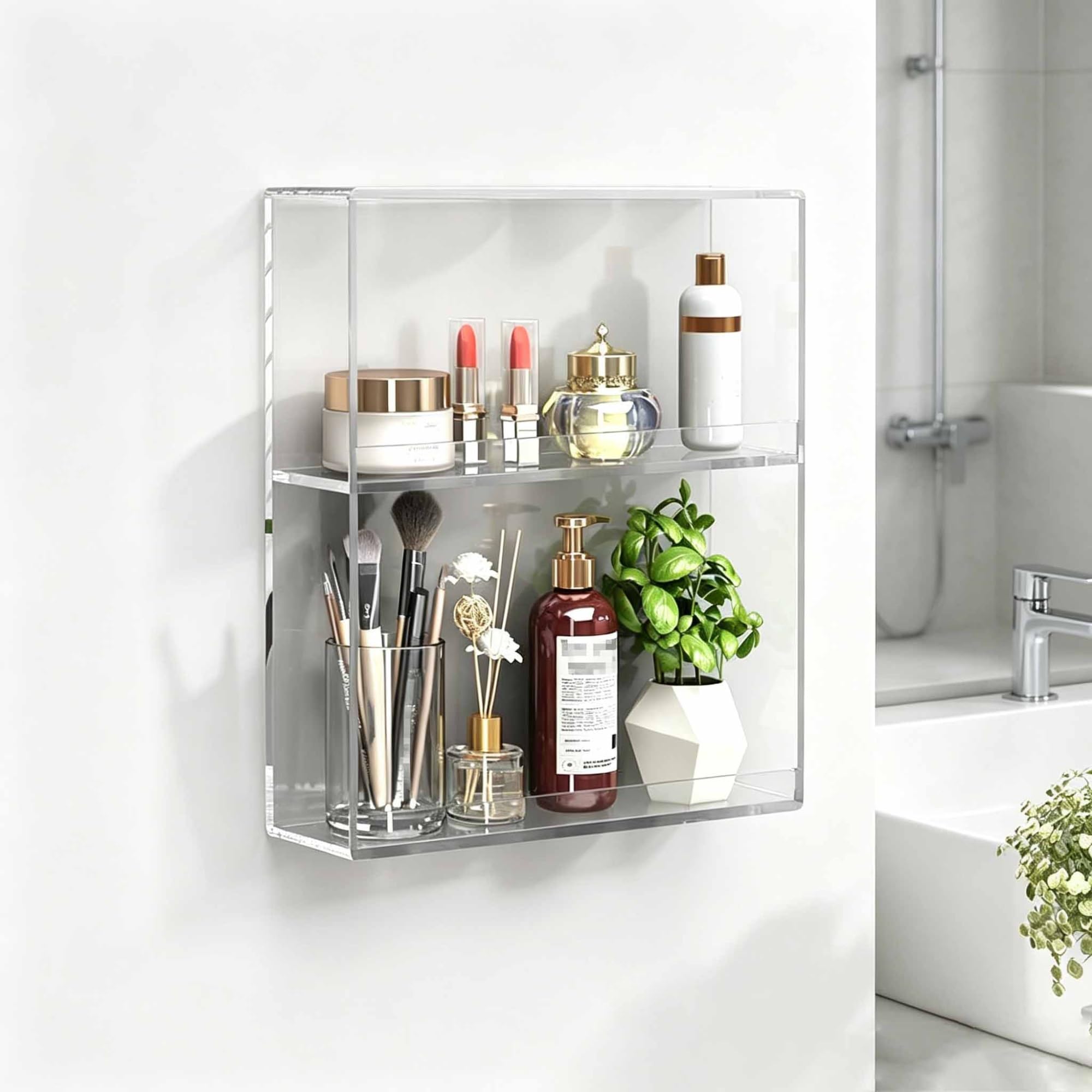 Dalumian Floating Shelves for Wall Decor, Acrylic Magazine Holder, Space-Saving Floating Shelves Wall Organizer for Perfume, Make up, Skincare(White,2-TIER)
