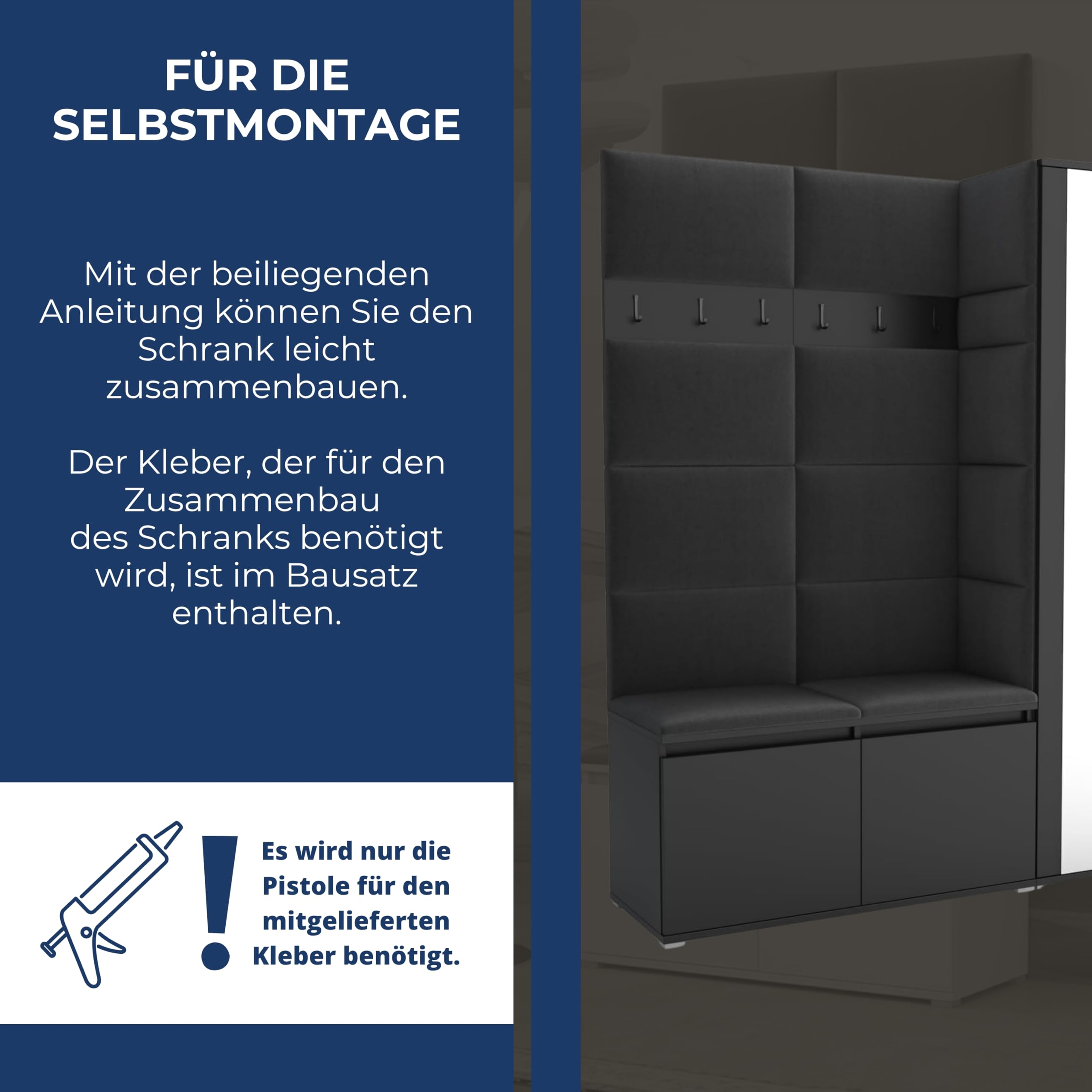 Brent Flurgarderobe Luton 4 Set: Schuhbank mit Sitzfläche, Garderobenpaneel, Garderobe mit Spiegel, Grau + Schwarz