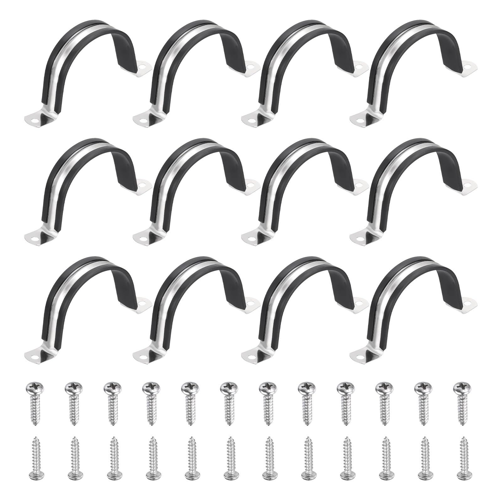 sourcing map 12Pcs 69mm Pipe Clips, 304 Stainless Steel Rubber Coated Cushion Pipe Strap Clamp U-Shaped Bracket with M3x169mm Screws for Tube Hose Cable Installation, Black
