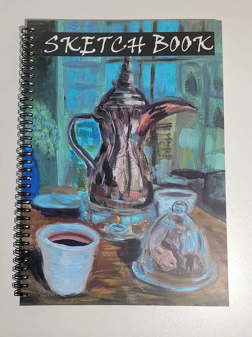 Dallah Coffee Pot Art-Painted Long Side Wirebound Notebook - A4, 100 White Pages