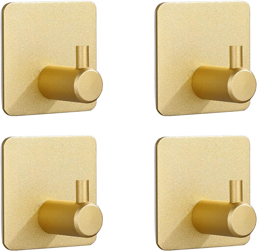 SZWLJ Adhesive Hooks Pack of 4, Self-Adhesive Towel Hooks, 3M Coat Hooks, for Towel Holder No Drilling, Wall Hooks, Kitchen Hooks, Towel Holder Black, Suction Cup Hooks (Gold)
