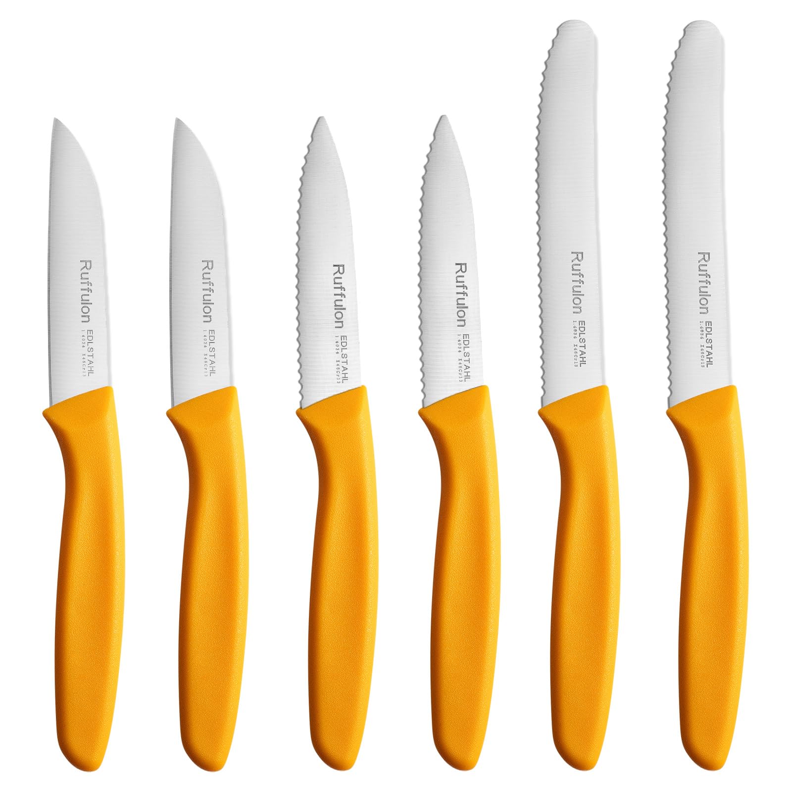 Ruffulon Paring Knives,Set of 6, Vegetable Knife Small,Premium Fruit Knives,Small Kitchen Knife Sets,Straight Edge&Serrated Knifes,Orange Kitchen Paring Knife,Dishwasher Safe