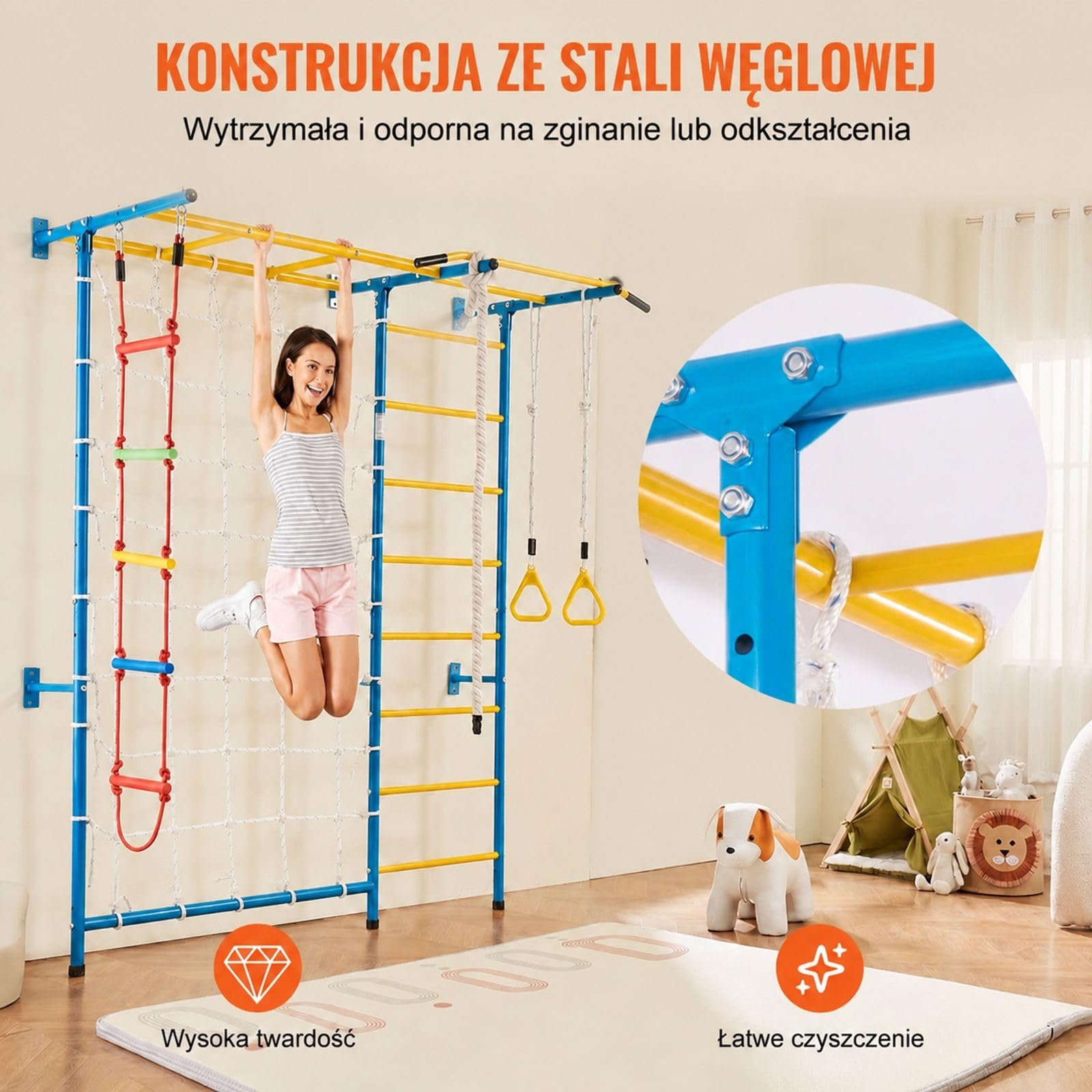 Stalowa drabinka gimnastyczna 7 w 1, ścienny zestaw do wspinaczki z elementami zabawy do pomieszczeń
