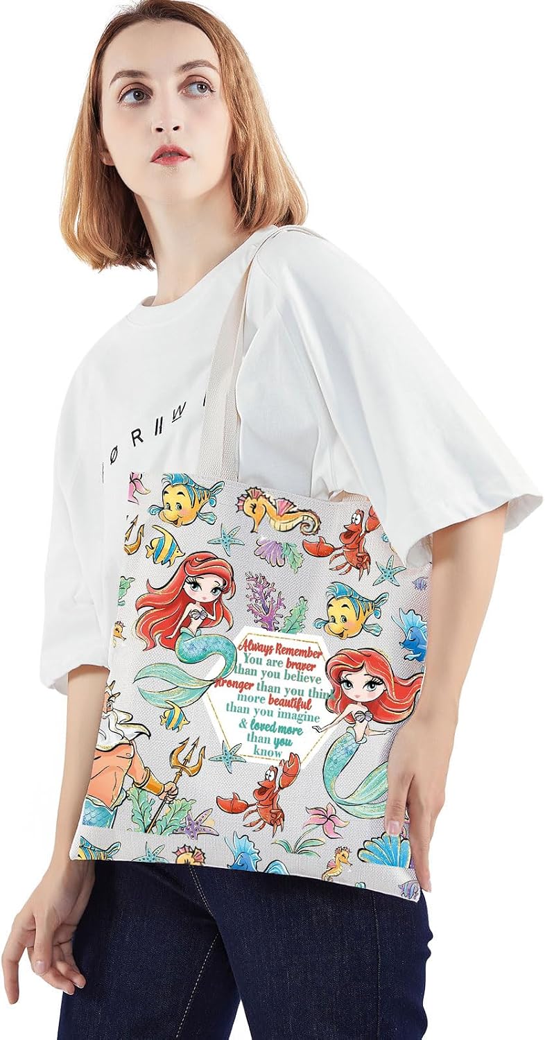 WZMPA Princess Mermaid Tote Bag Fairy Tales Fans Gift You Are Braver Stronger Beautiful Than You Know Mermaid Shoulder Bag