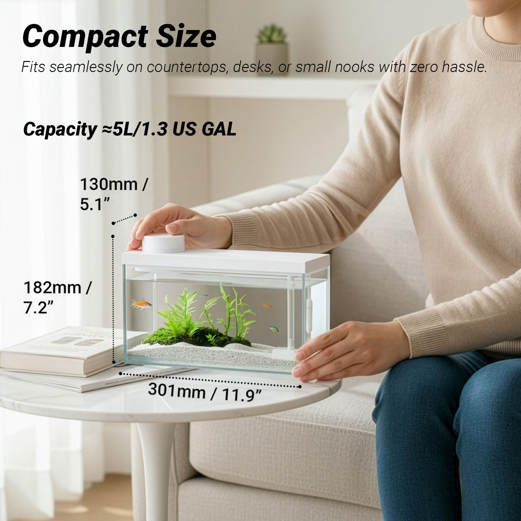 Smart Desktop Aquarium Kit mit App-Steuerung – 1,3 Liter Glas-Fischbecken mit automatischem Futterspender, RGB-Beleuchtung und Temperaturüberwachung – selbstreinigendes Filtersystem für Betta, Guppy