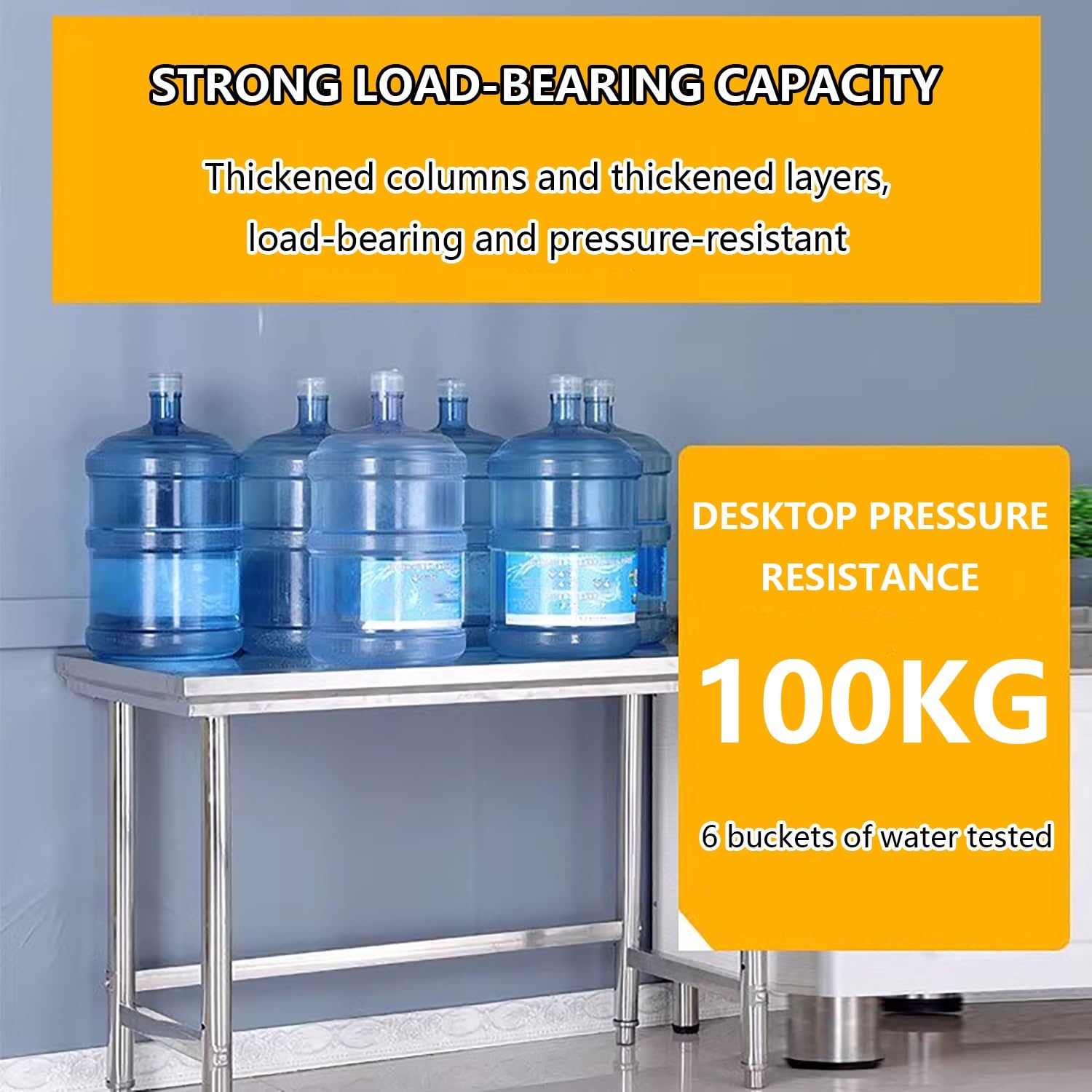 Mesa de trabajo comercial de acero inoxidable resistente con patas ajustables, acabado cepillado para mayor estabilidad, ideal para uso doméstico y profesional.