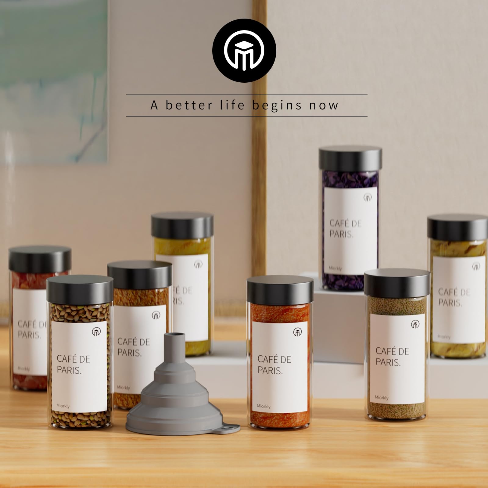 Miorkly Lot de 24 pots à épices carrés avec saupoudreur, couvercle en acier inoxydable noir, 120 ml, pots à épices en verre avec saupoudrer, entonnoir, étiquettes et stylo à craie, organisateur de
