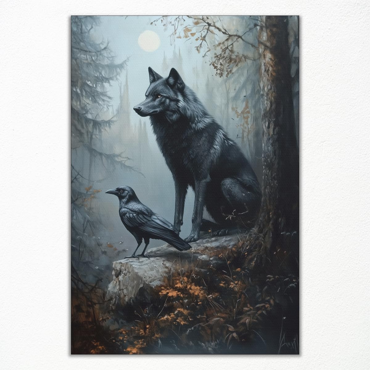 Wolf Wall Art, Raven Poster, Dark Forest Landscape Canvas Wall Art, The Crow Black Bird Picture, Symbiotic Wildlife Animal and Woods Painting, Gothic Moody Nature Lover Gift 8x12in Unframed