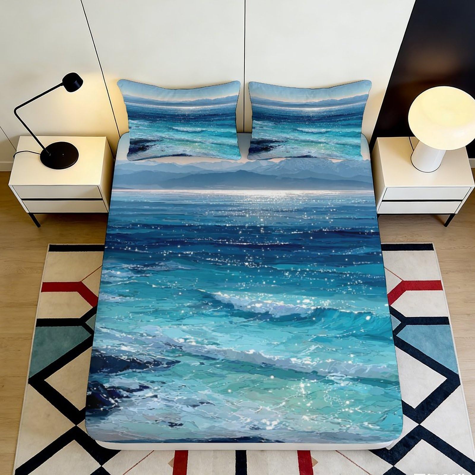 Pnayamiorkfel Style-1 3D Printed Ocean Waves Fitted Sheet Microfiber Soft Blue Sea Mattress Cover For Bedroom Guest Room Decor 90X200x25cm