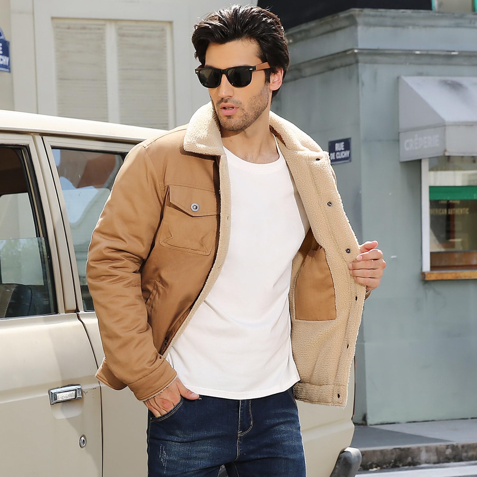 Chaqueta de invierno para hombre, de algodón térmico grueso, con forro polar cálido, chaqueta de sherpa, chaqueta de camionero con solapa, chaqueta cargo para el trabajo