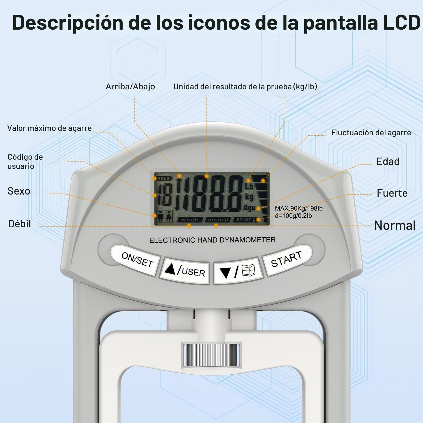 Dinamómetro Digital de Mano, Ejercitador de Manos Ajustable de 90 kg / 198 lbs, Dinamometro Mano con 19 Juegos de Registros Individuales para Entrenar el Agarre, la Fuerza de Los Dedos