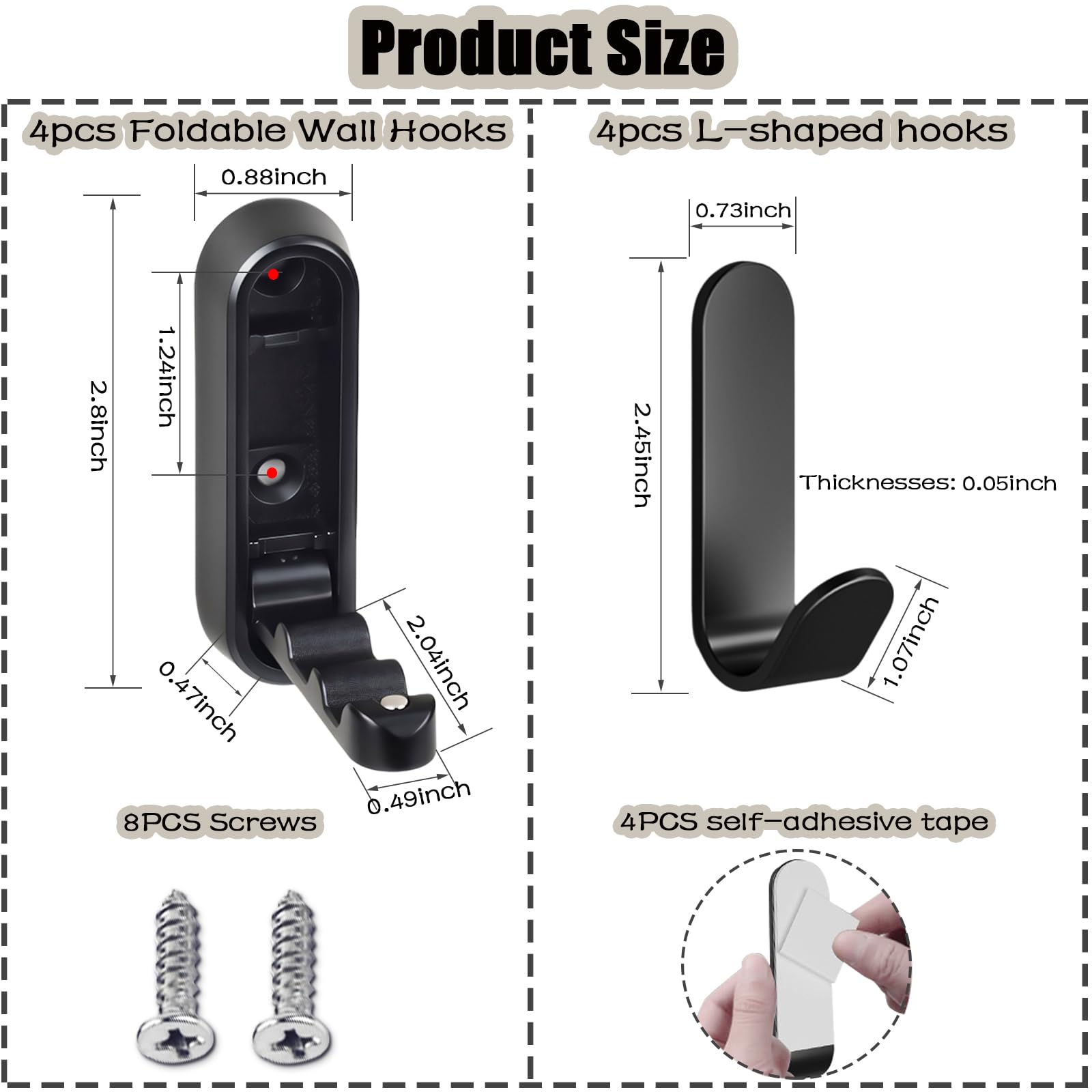 4PCS Foldable Wall Hooks, Folding Coat Hook, Folding Hook Wall Mount with 4pcs L-Shape Nail-Free Hooks, Screwdriver and Drill Bit, for Bathroom, Kitchen, Entryway, Holds Coats, Backpacks, Hats, Keys