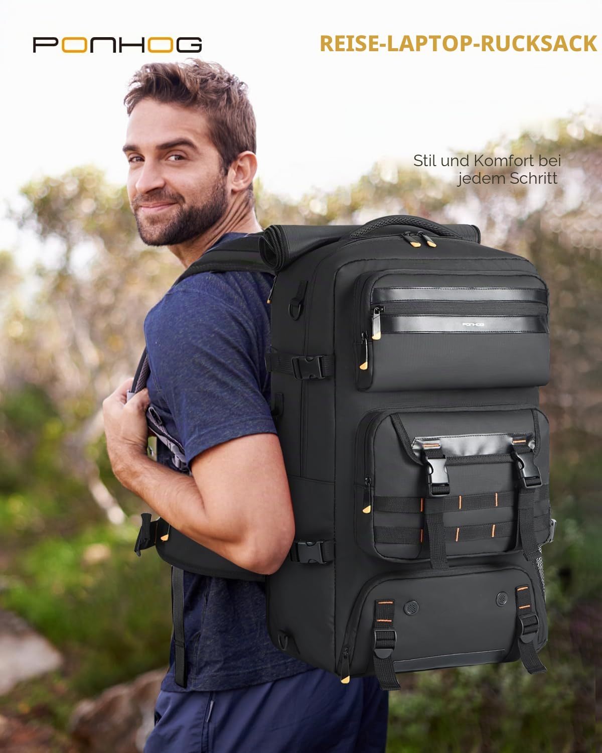 Ponhog Travel Backpack for Men - 50L Convertible Duffle Bag with Shoe Compartment, Carry On Laptop Backpack with USB Charging Port, Hiking Backpack Gym Daypack Water Resistant Rucksack,Black