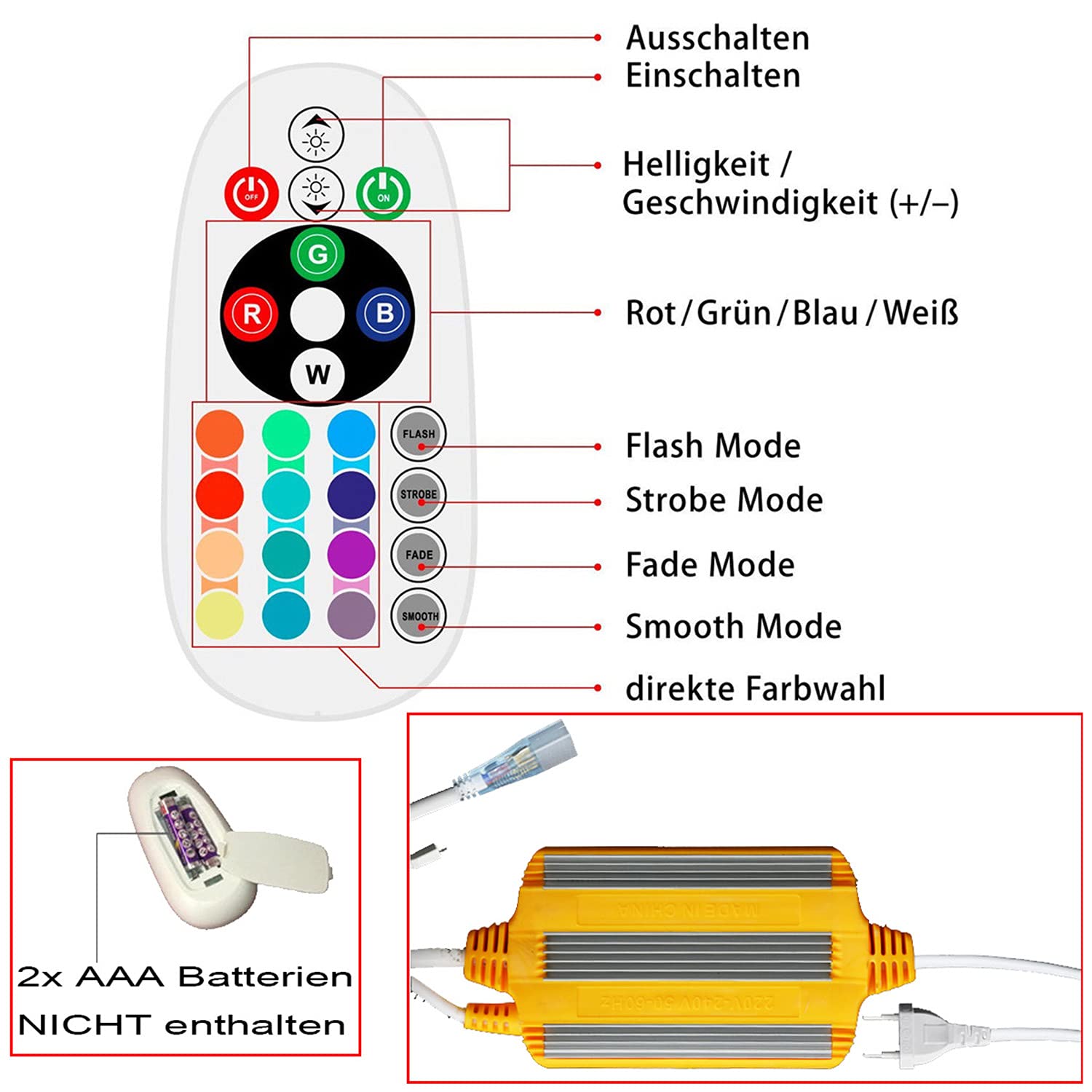 25m RGB LED Strip, 220V dimmbar Streifen, 5050 Farbwechsel Lichtleiste, 60 LEDs/m Led Band, wasserdichte Lichtschlauch mit Trafo & 24-Tasten IR Fernbedienung