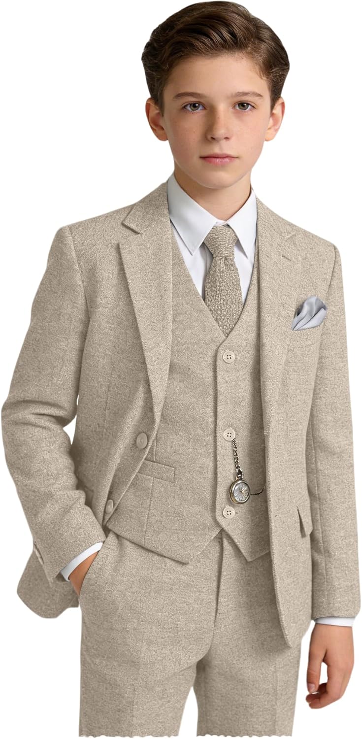 Tweed Boys Suit Herringbone 6pcs Suits for Boy Slim Fit Tuxedo Formal Jacket Wedding Shirt Blazer Vest Pants Set with Tie