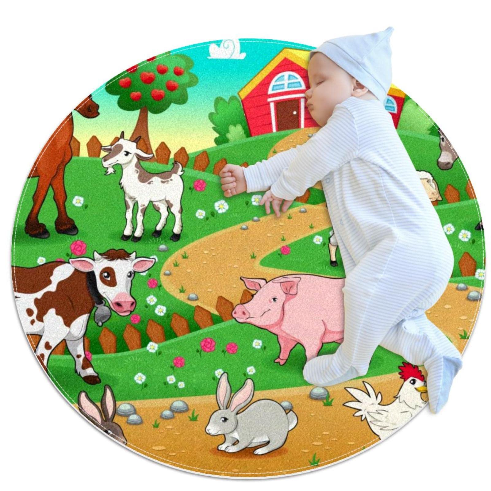 Tapis de jeu pour enfants animaux de la ferme rond JDEZ 80x80cm
