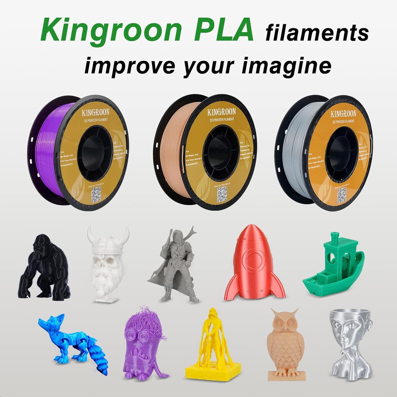 Kingroon PLA Filament 1.75mm, PLA 3D Drucker Filament Maßgenauigkeit +/- 0.03mm, 10KG Spule (22 LBS) PLA Filament für 3D Drucker, Schwarz Weiß Grau Rot Blau Gelb Grün Violett Hautfarbe Silber