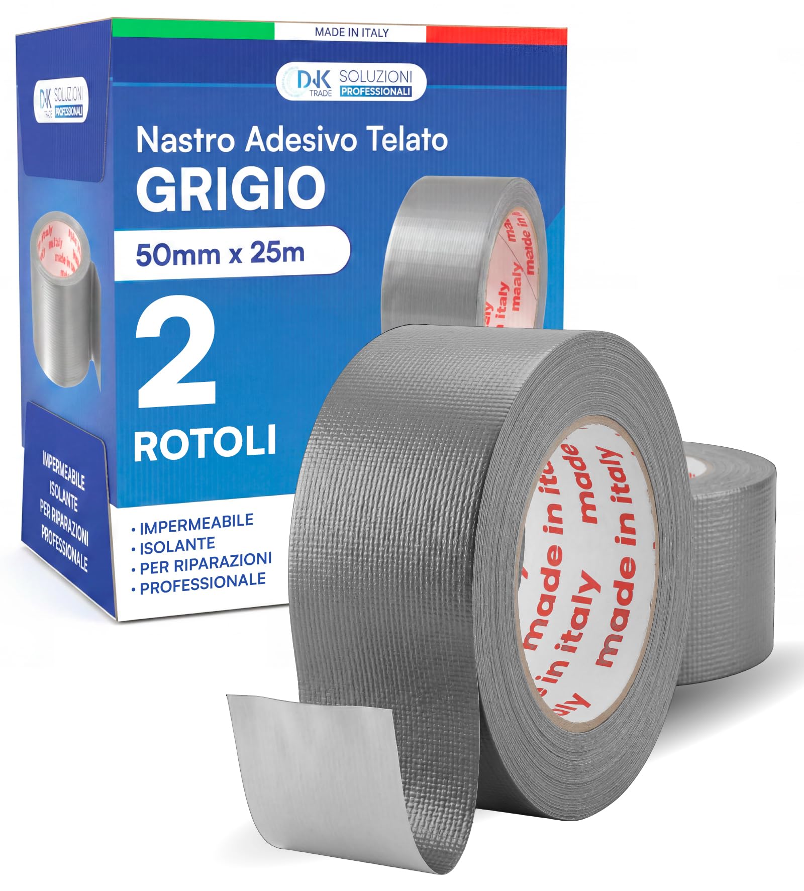 DNK TRADE Nastro Adesivo Telato Americano 50mm x 25m Colore Grigio Isolante e Impermeabile per Riparazioni Professionali e Fai da Te Aderenza Multisuperficie Metallo Plastica e Legno - 2 Rotoli