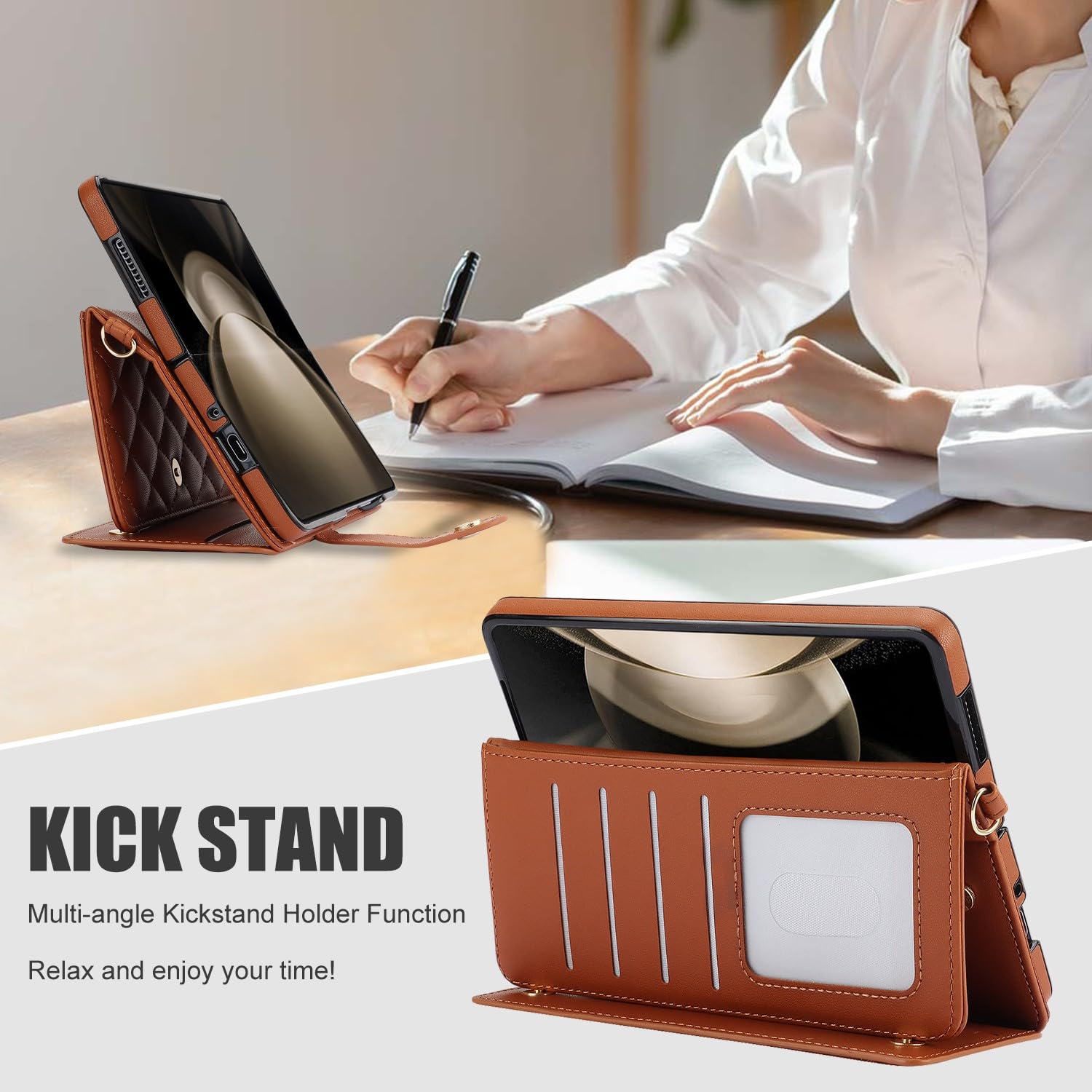 Generic etui kompatybilne z Samsung Galaxy Z Fold 5 (kolor: beżowy biały) wzór siatki skórzany portfel etui z klapką pokrowiec na długopis z paskiem na ramię