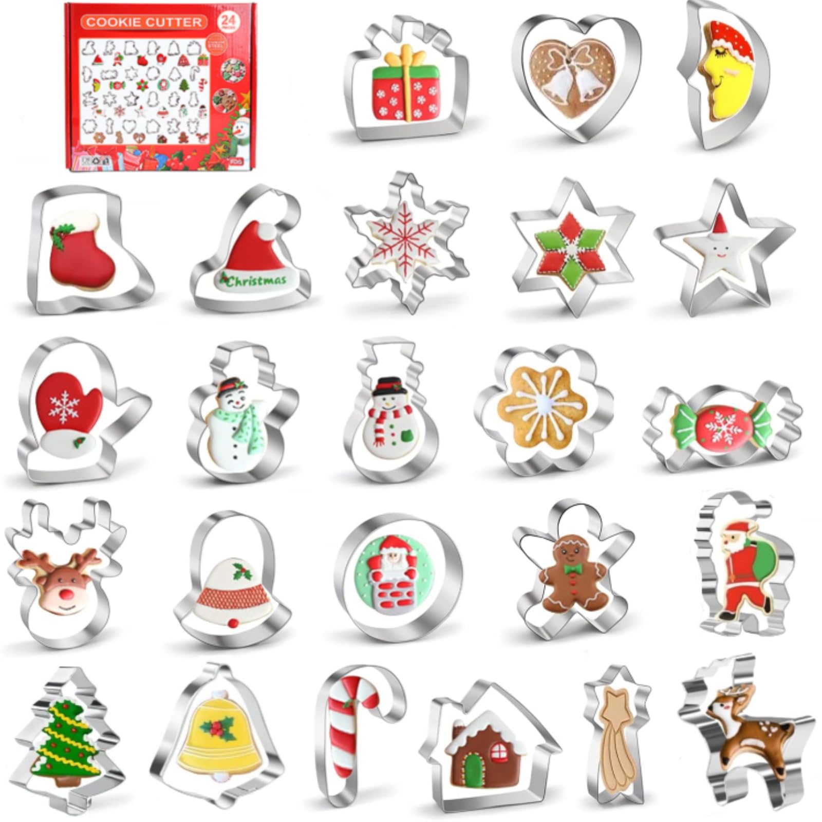 NESLIN 24Pcs Christmas Cookie Cutter, Xmas Biscuit Cutter Mold DIY Stainless Steel Cookie Cutter Large with Gingerbread Man, Tree, Angel & More Baking Molds Cake Pastry Cutter Holiday Party Supplies
