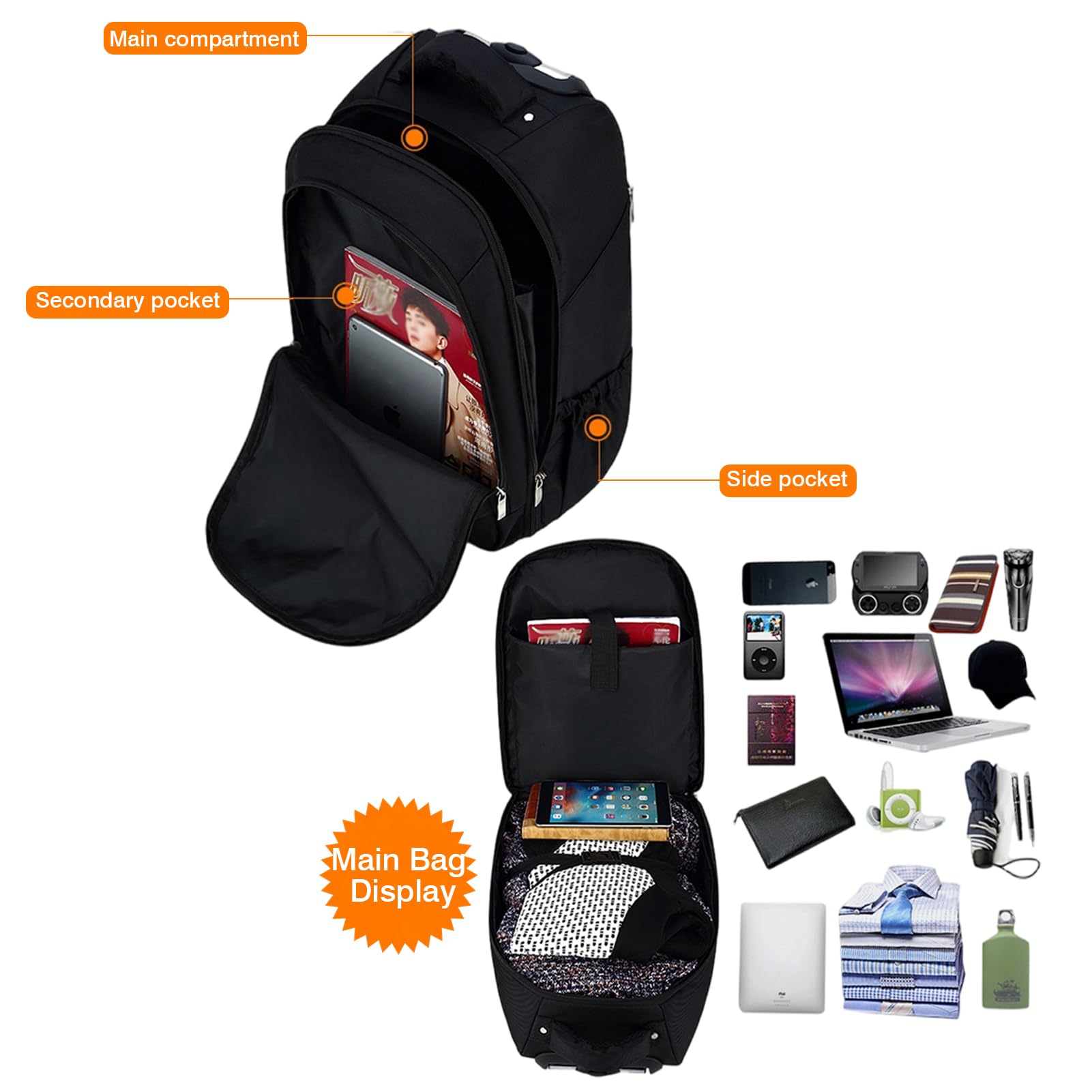 Mochila con Ruedas 15,6 Pulgadas Trolley con Ruedas Grande 55L Maleta de Mano Portátil Impermeable Bolsa de Viaje con Ruedas Mango Telescópico Reforzado Compartimento para Laptop Mujeres Hombre Negro