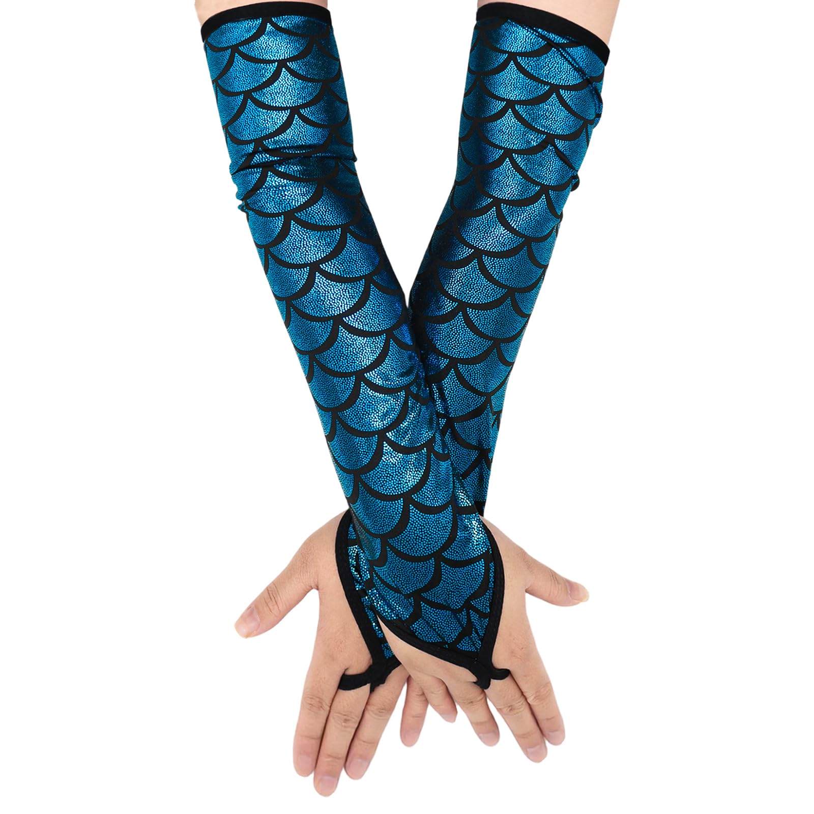 Snbuha Women's Light Blue Fish Scale Gloves, Shiny Mermaid Arm Sleeves, Fingerless Fish Scale Costume Gloves For Girls Halloween Stage Shows Carnival Masquerade Cosplay,
