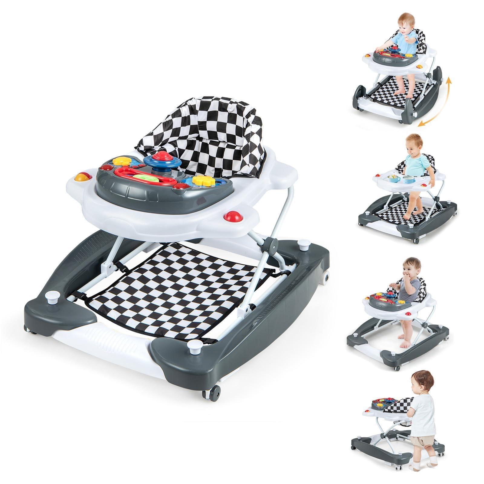 FANTASK Lauflernhilfe, Baby Walker 6-in-1 höhenverstellbar, Lauflernhilfe klappbar mit abnehmbarem Spielbrett Licht Musik & Fußpolster, Laufwagen Gehfrei für Babys ab 6 Monaten, Grau