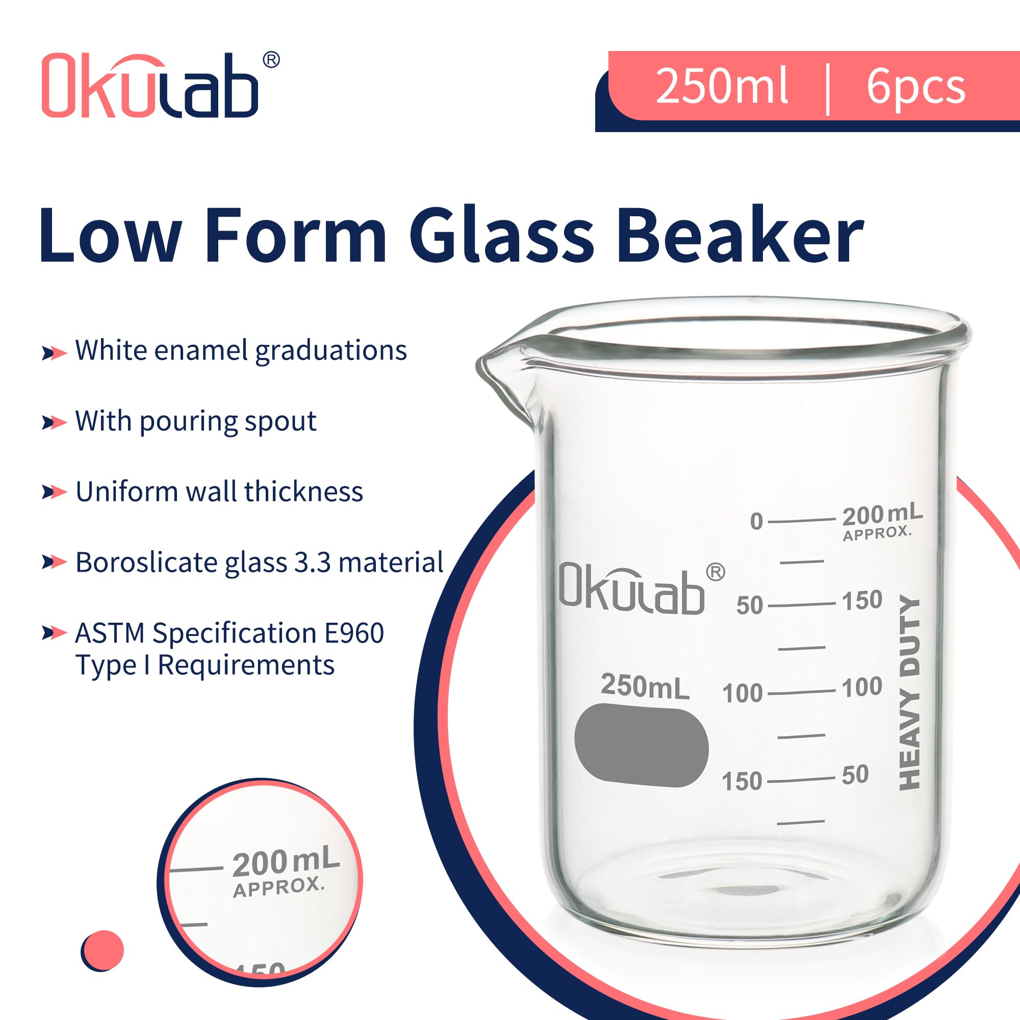 Vaso de precipitados, 6 piezas de Vol.250 ml, forma baja, material de vidrio brosilicato 3.3, con boquilla y graduación impresa. BKLG250B6