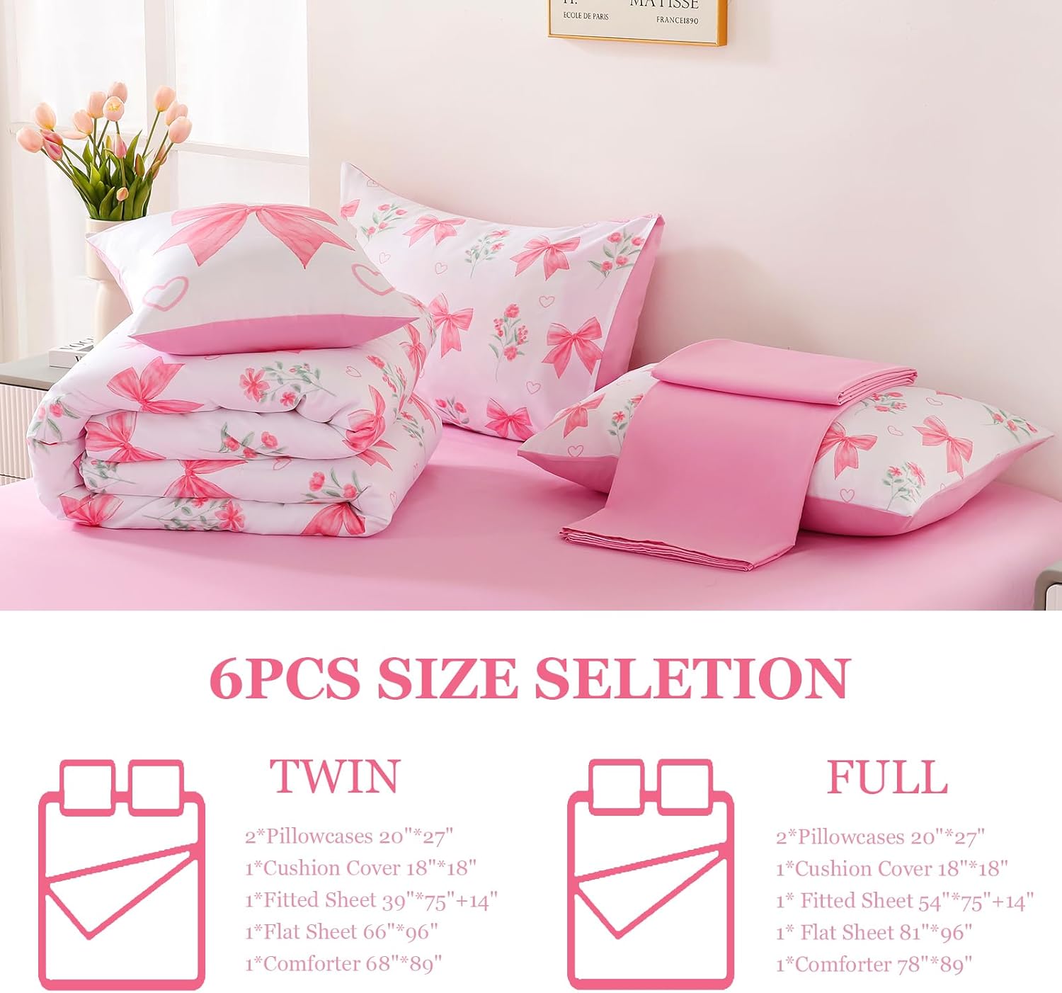 DORCAS Bow Comforter Set Twin Bed in A Bag for Girls,6 Pieces Pink Bow Bedding Sets with Sheets for Kids - Image 2