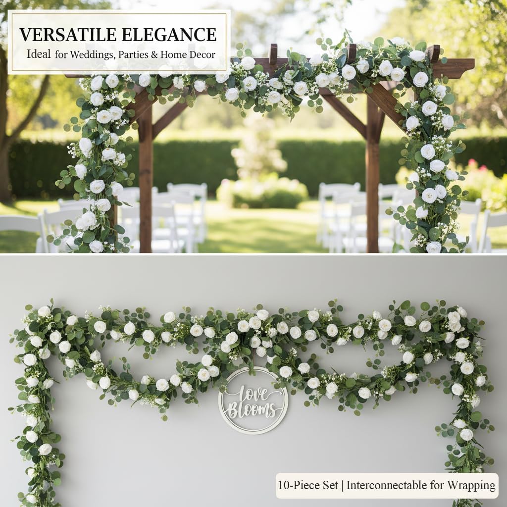 Nihaoya 10 Pcs Artificial Garlands with Fake Flowers-6 Roses, Artificial Vines for Wedding Decorations,Table Centerpieces, Home, Party Arch Decor