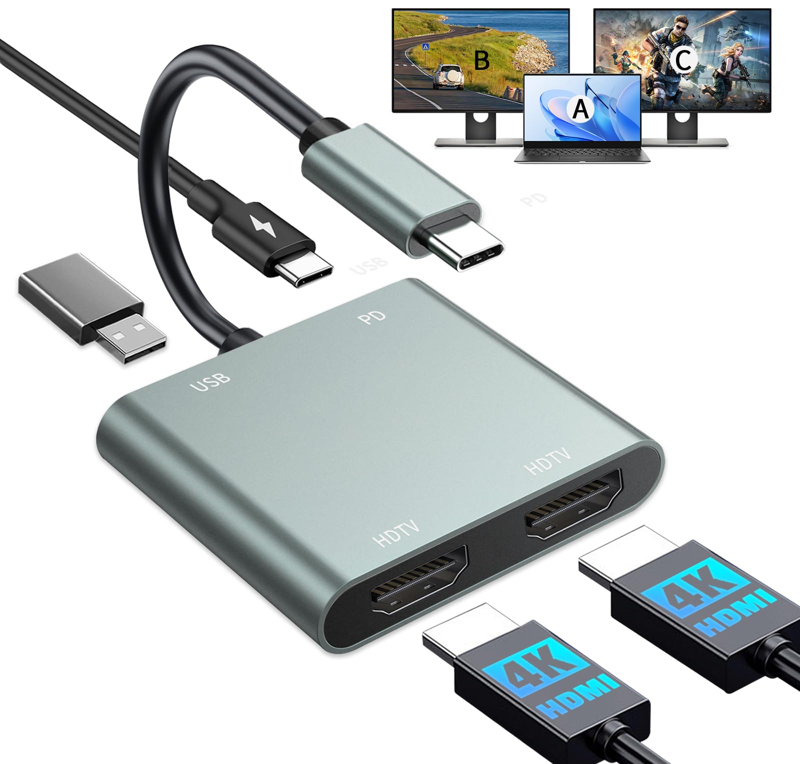 Amazon | USB C デュアル HDMI アダプタ 4K@30Hz 2画面出力 USB-C to