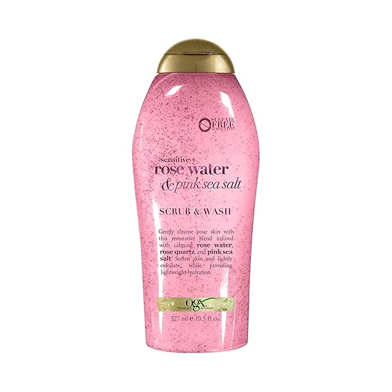 OGX Sensitive + Rose Water & Pink Sea Salt Exfoliating Body Scrub + Rose Quartz, Gentle Exfoliating Daily Body Wash Softens Skin, Body Scrub for Women, Sulfate-Free Surfactants, 19.5 fl oz