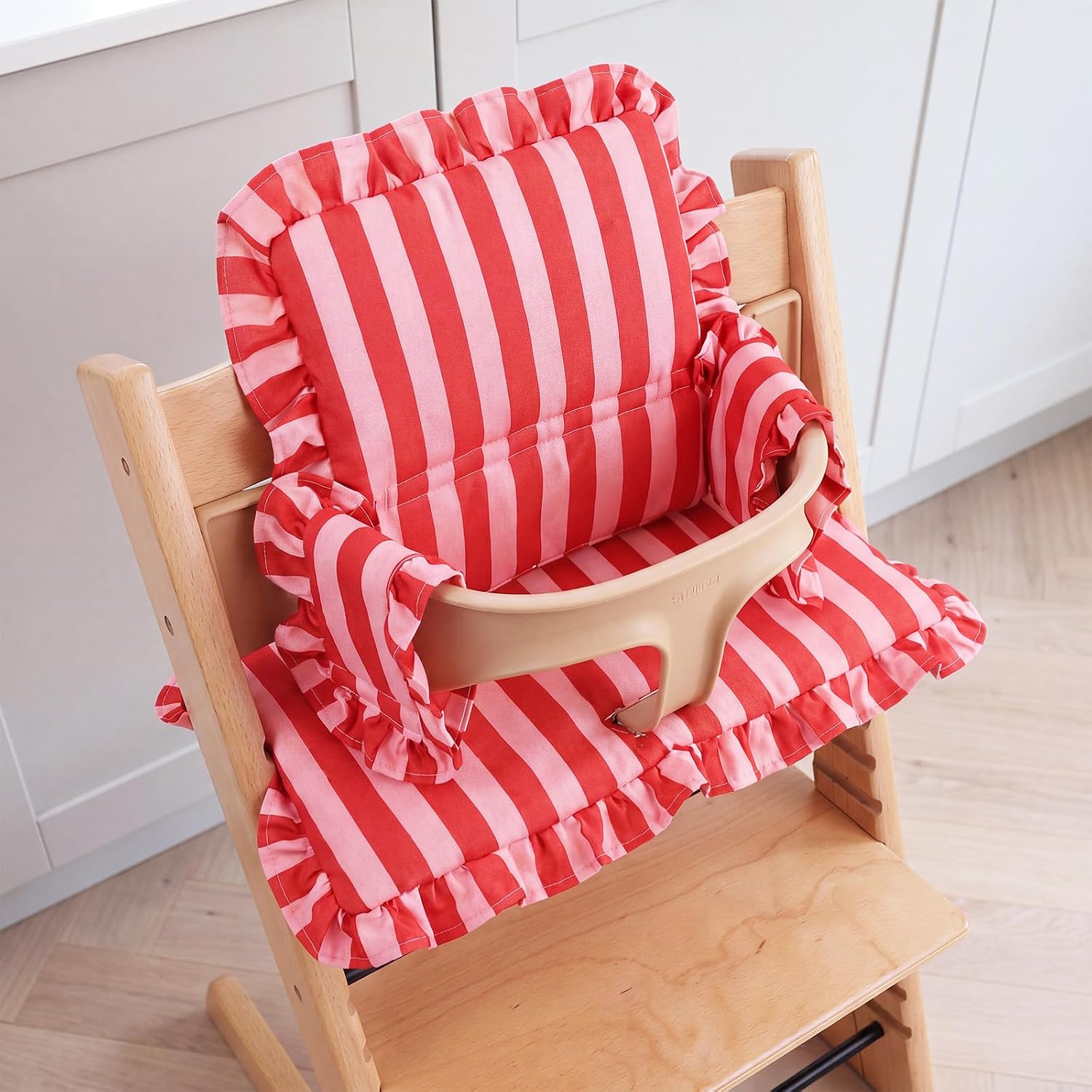 Hoteam Red Stripe High Chair Cushion with Ruffle Compatible with Tripp Trapp, Wipe Clean Soft Dining Seat Cushion for Baby Toddler Dining Feeding High Chair Accessories Make It Safer, More Comfortable
