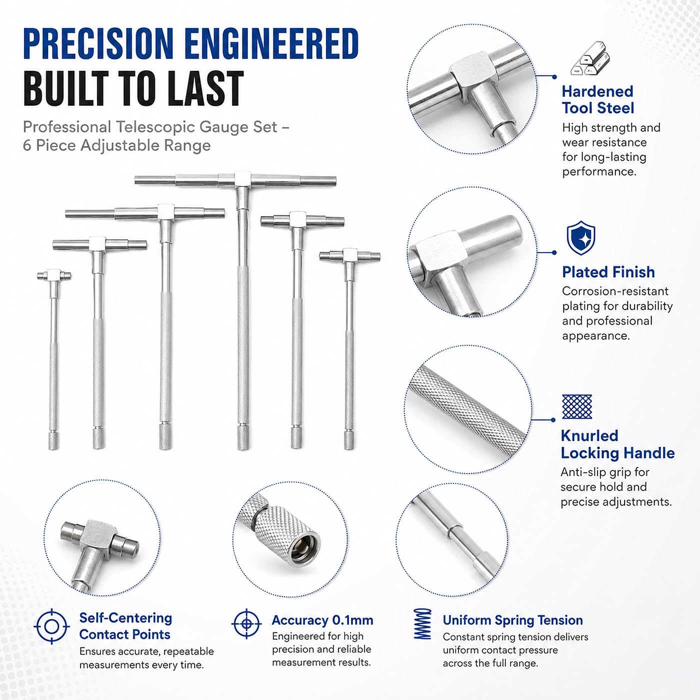6Pcs 8-150mm Jauge Télescopique, Jauge de Trou de Diamètre Intérieur Réglable Nickelé T-Alésage Tête Carrée Id Outils de Mesure Micrométriques, pour Le Travail Du Bois, Le Travail Des Métaux