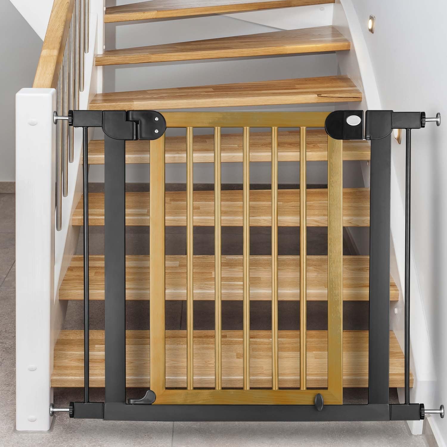 Nukido Barrière de Protection d'escalier, sans perçage, à 90°, pour bébé, Enfant, Largeur réglable, 76 à 104 cm, Marron et Noir, 104 x 77 cm