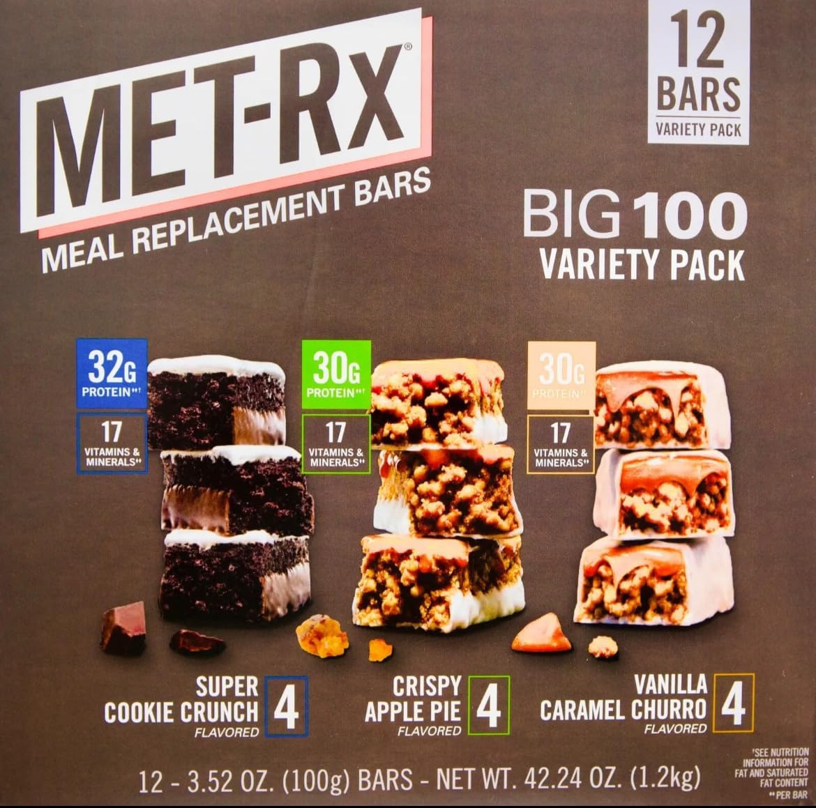 Generic Meal Replacement Bars ~ MET RX ~ Big 100 Colossal Protein Bars Variety Pack ~ Super Cookie Crunch, Vanilla Caramel Churro, Crispy Apple Pie ~ 12 bars meal replacement