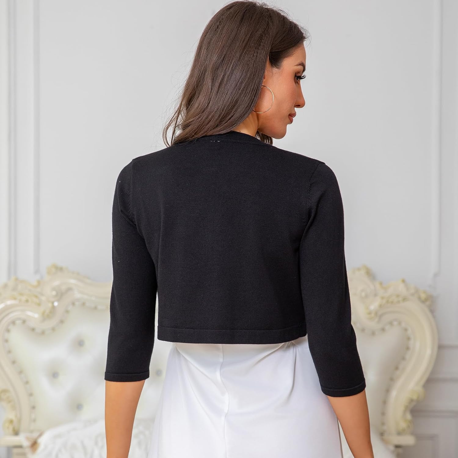 CHUANGDA Womens 3/4 Sleeve Shawl Collar Cardigan Lightweight Style Front-Opening Cropped Length Suitable for Women S-2XL - Image 4