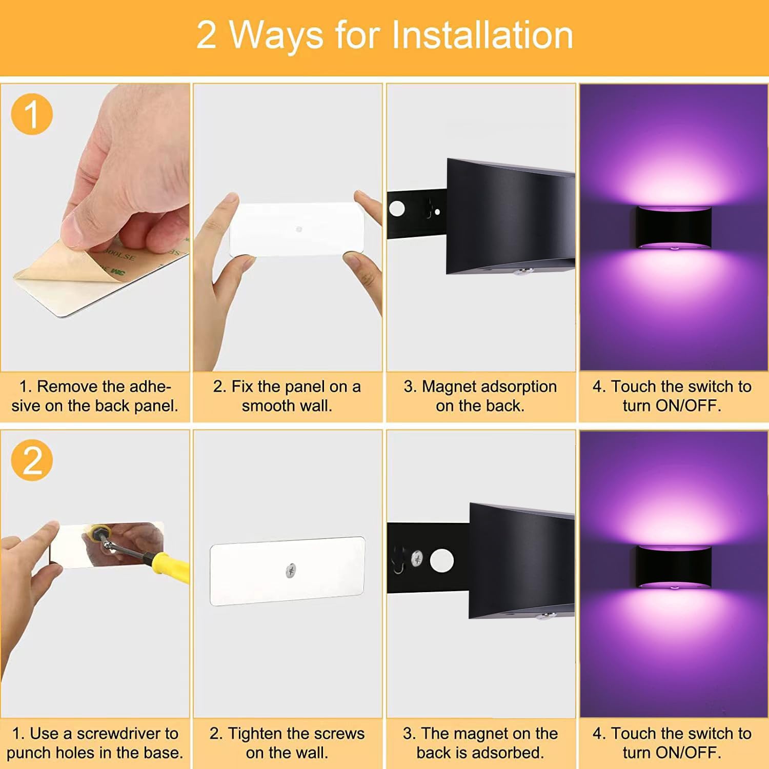 Wandleuchte Innen, Wandlampe Ohne Stromanschluss und Bohren, Dimmbar Wandleuchten mit Akku, Touch Control für Schlafzimmer Treppen Badezimmer Wohnzimmer (Schwarz, RGB 2 Stück)