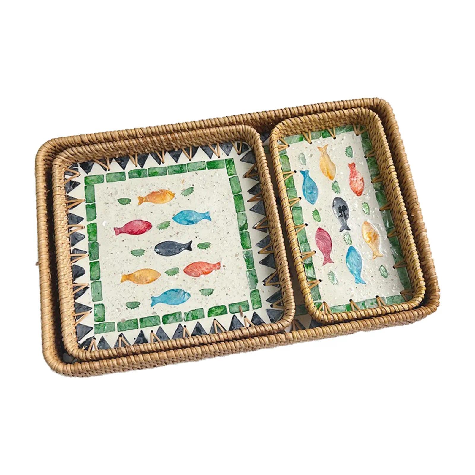 Handwoven Rectangle Rattan Tray with Mother of Pearl Inlay - Boho Serving Basket for Coffee, Bread, Fruits | Home Decor for Kitchen, Bathroom, Coffee Table | Set 3 Sizes(Colorful Fish A)