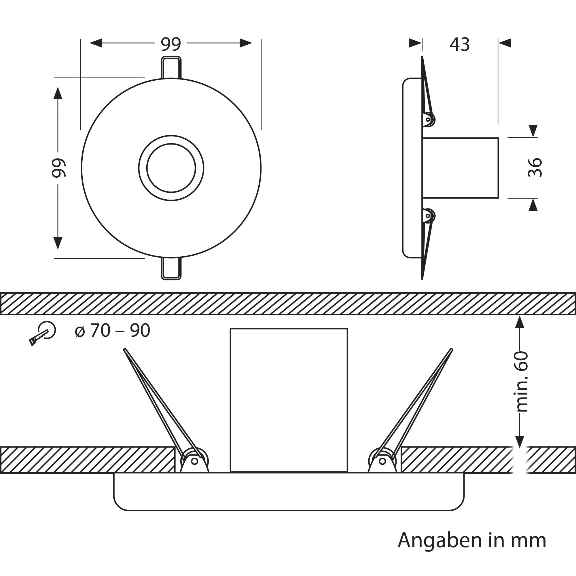 ledscom.de 10x plafonnier encastré TELA, porcelaine, noir brillant, rond, 99mm Ø, 1x E27 max. 60W