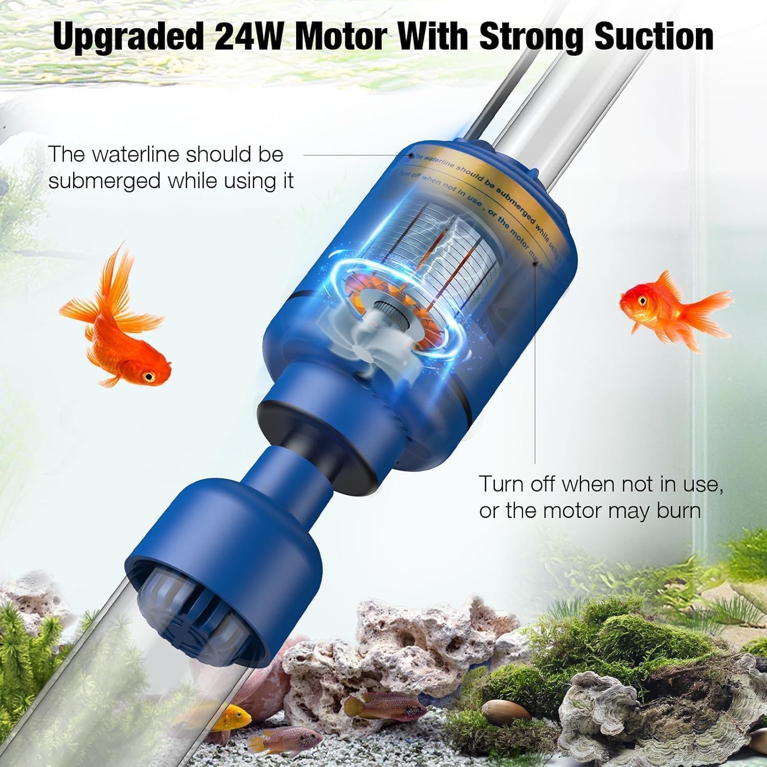 bedee Aspiradora de grava para acuario, aspiradora eléctrica de 24 W, limpiador de acuario multifuncional 6 en 1 para cambio automático de agua, arena de lavado, circulación de agua y apagado