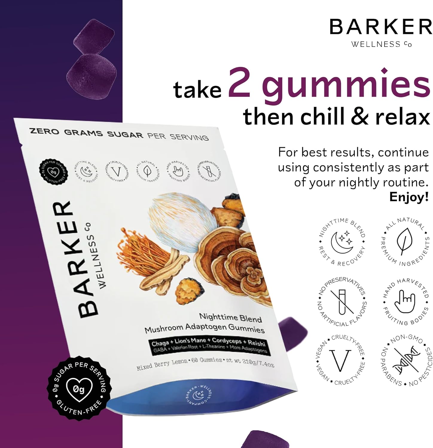 Barker Wellness Nighttime Vegan Sugar-Free Adaptogen Mushroom Gummies – Reishi, Lion's Mane, Chaga, Cordyceps for Calm, Rest & Recovery – Non-GMO Sleep Support & Relaxation Supplement, 60 Count