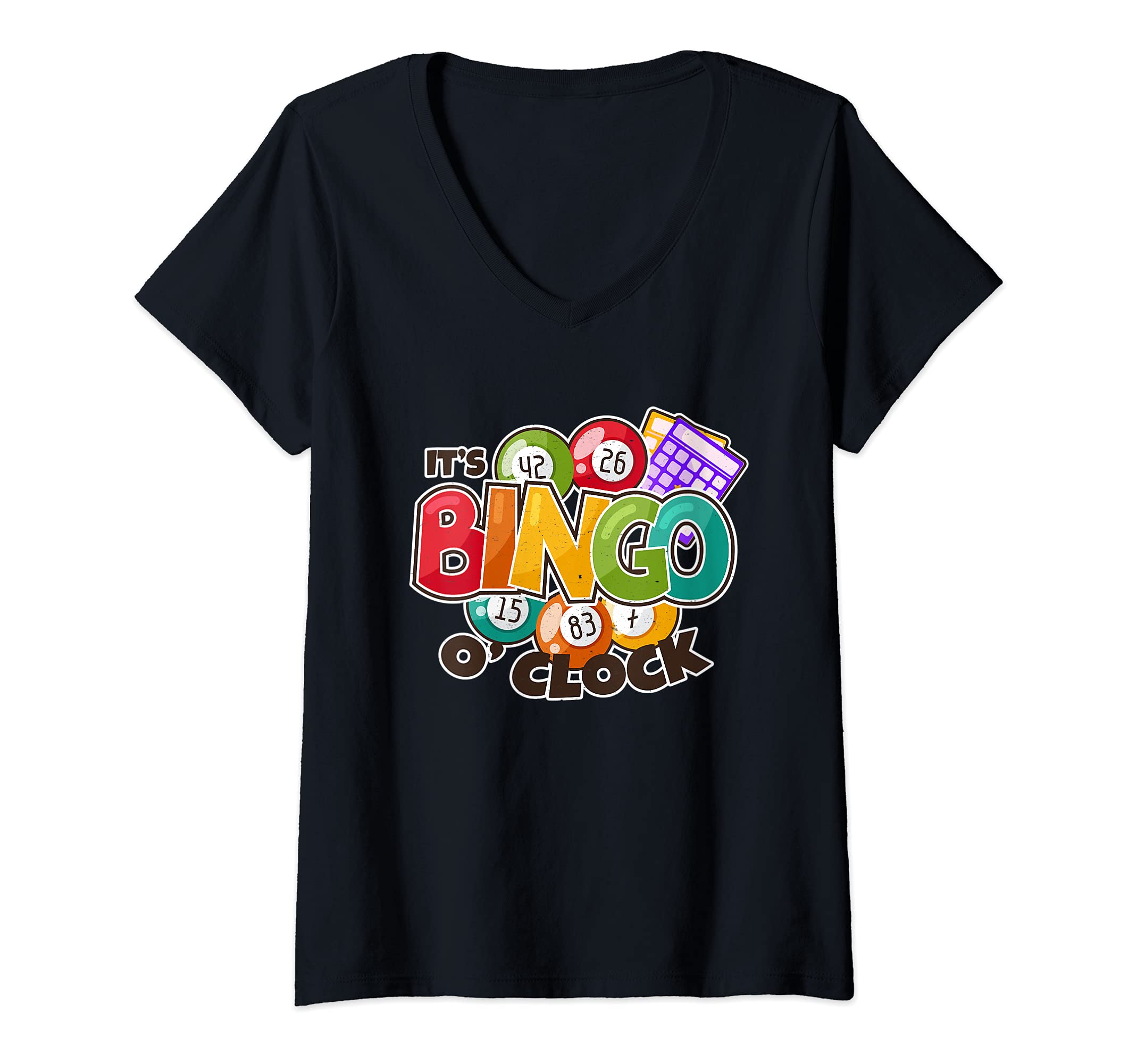 Womens It's Bingo O Clock Caller Dauber Game Night Fun Lucky Bingo V-Neck T-Shirt, Black