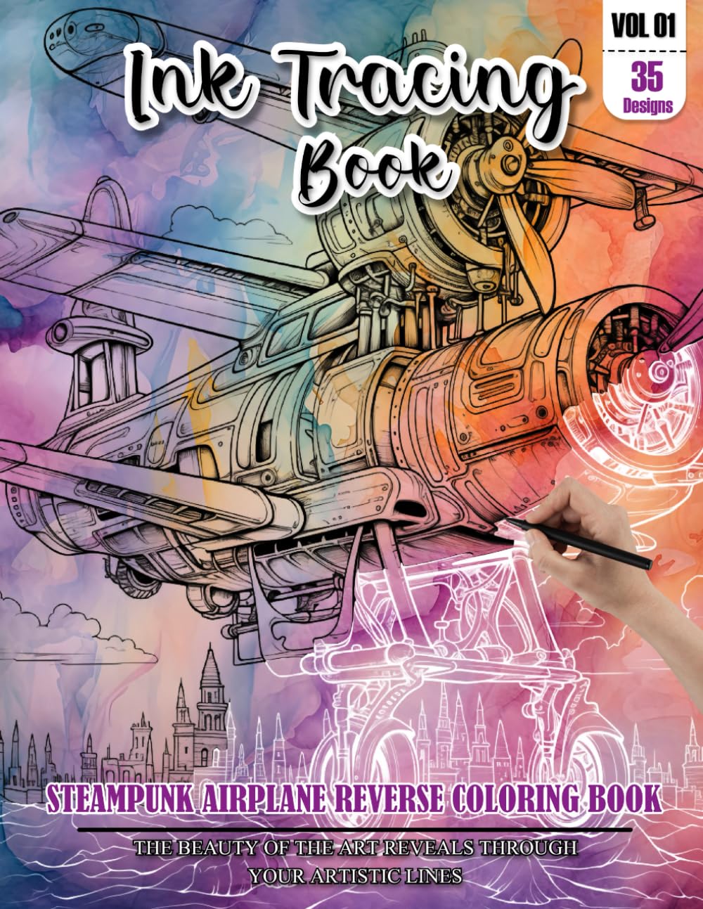 Ink Tracing Book: Stress relief reverse steampunk Airplane Coloring Book for adults: mindfully Follow white lines to Uncover 35 cute steampunk ... a perfect gift for Airplane lovers(Vol-1)