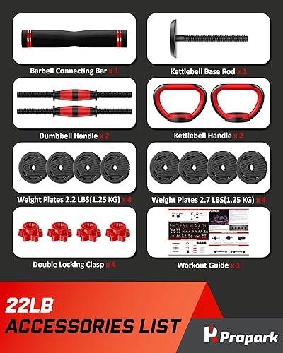 Miniatura 7 de Prapark Juego de mancuernas de peso ajustable 4 en 1, equipo de gimnasio en casa de primera calidad con mancuernas, pesas, pesas rusas, modos de